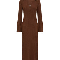 Close-up of Brown Wool Dress – ribbed knit detail and elegant V-neckline