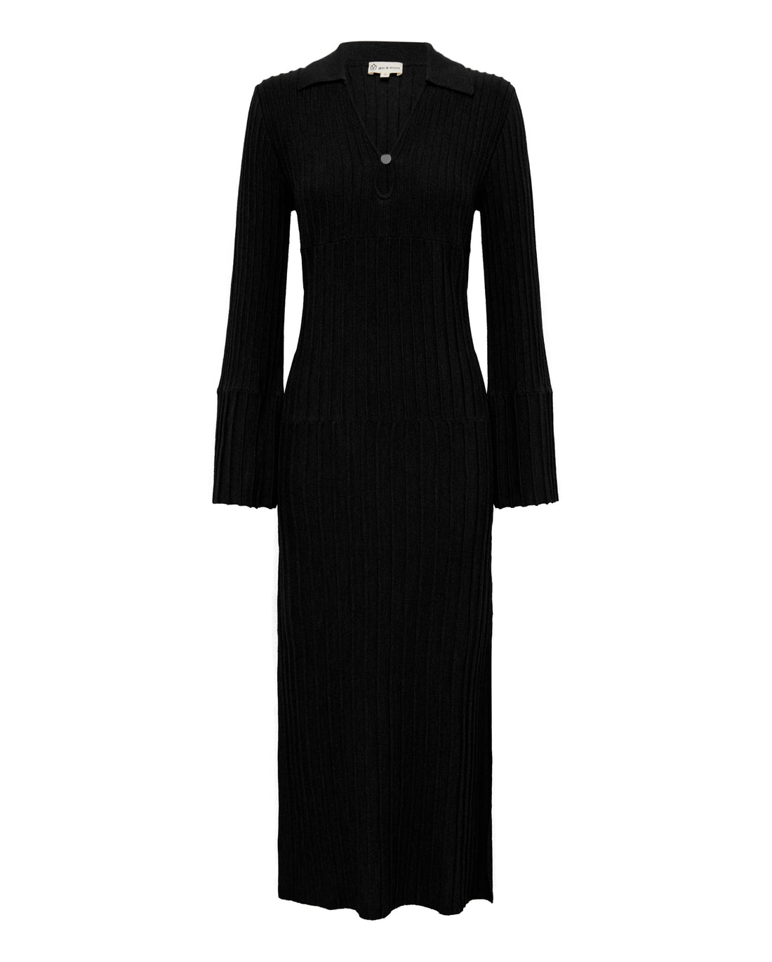 Close-up of Black Wool Dress – ribbed knit texture and sophisticated V-neckline