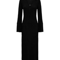 Close-up of Black Wool Dress – ribbed knit texture and sophisticated V-neckline
