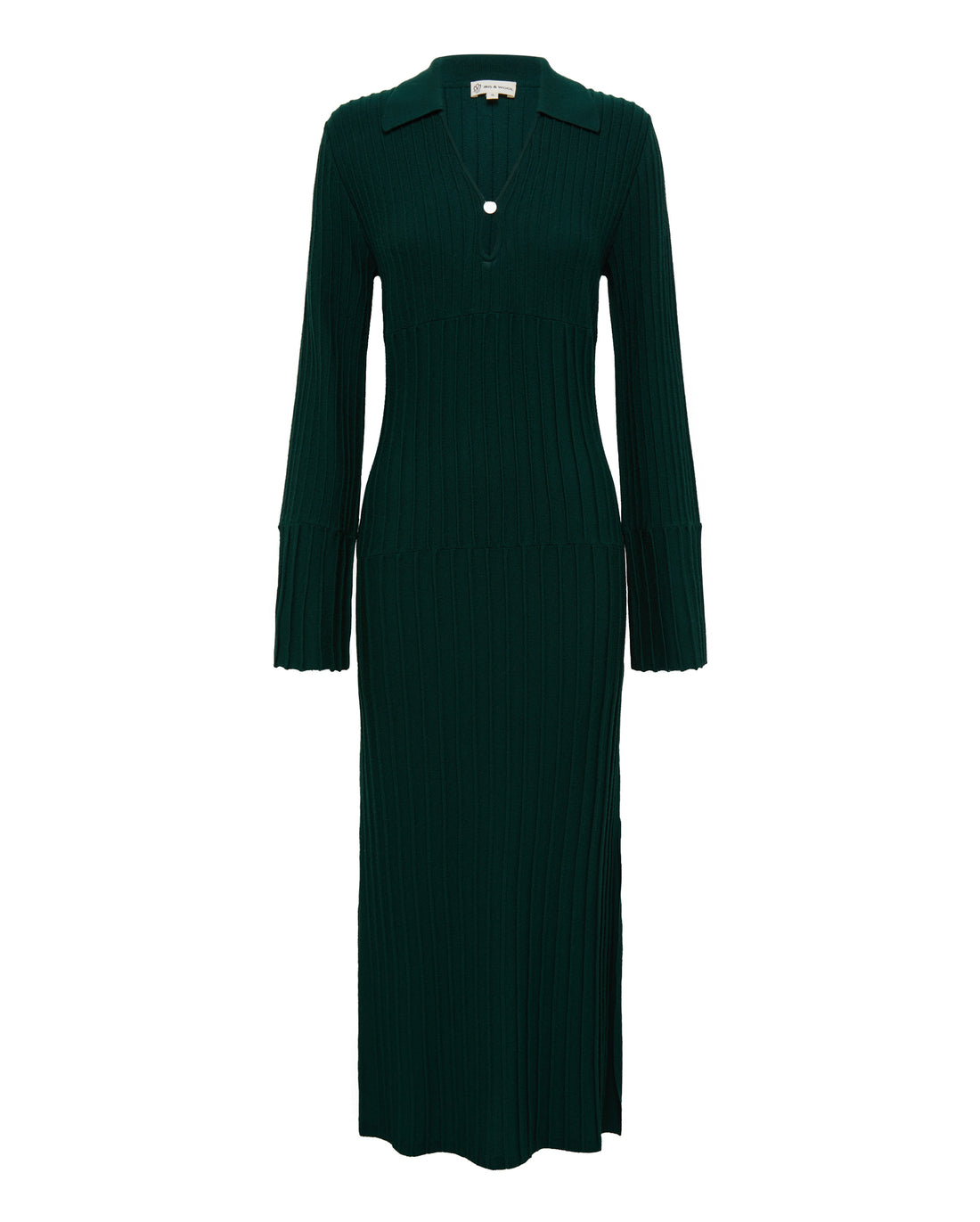 Close-up of Emerald Wool Dress – ribbed texture and keyhole neckline detail