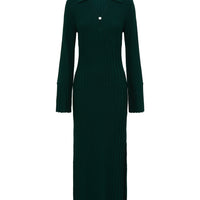 Close-up of Emerald Wool Dress – ribbed texture and keyhole neckline detail