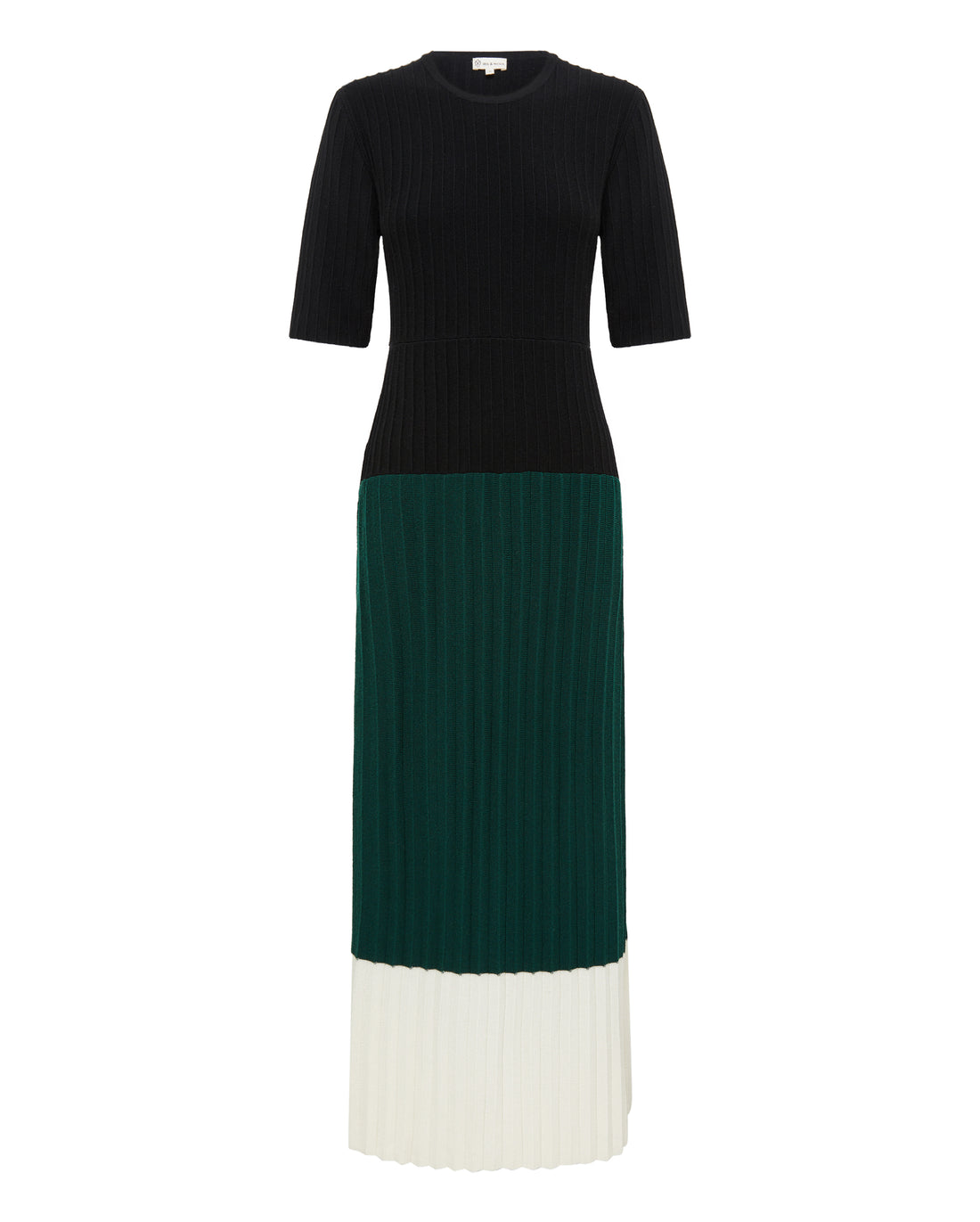 Close-up of Black & Emerald Wool Dress – ribbed knit texture with bold color-block detailing