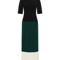 Close-up of Black & Emerald Wool Dress – ribbed knit texture with bold color-block detailing