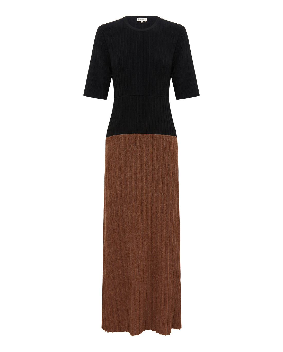 Close-up of Black & Walnut Wool Dress – ribbed knit texture with color-block detailing