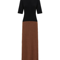Close-up of Black & Walnut Wool Dress – ribbed knit texture with color-block detailing