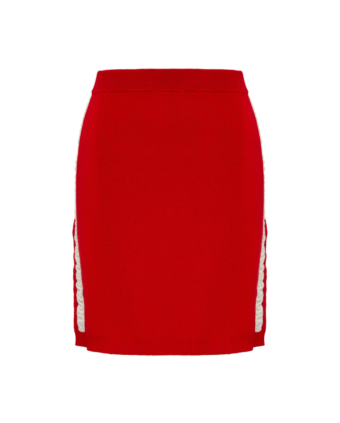Close-up of Red Wool Mini Skirt – fitted design with contrast cream stripe detail