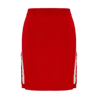 Close-up of Red Wool Mini Skirt – fitted design with contrast cream stripe detail