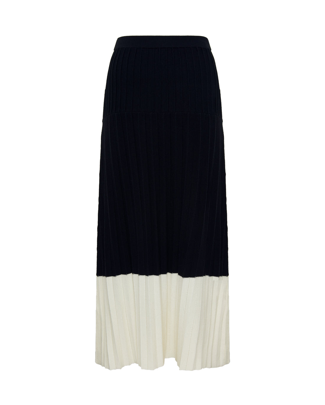 Close-up of Black Merino Wool Skirt – soft pleats and contrast cream hem