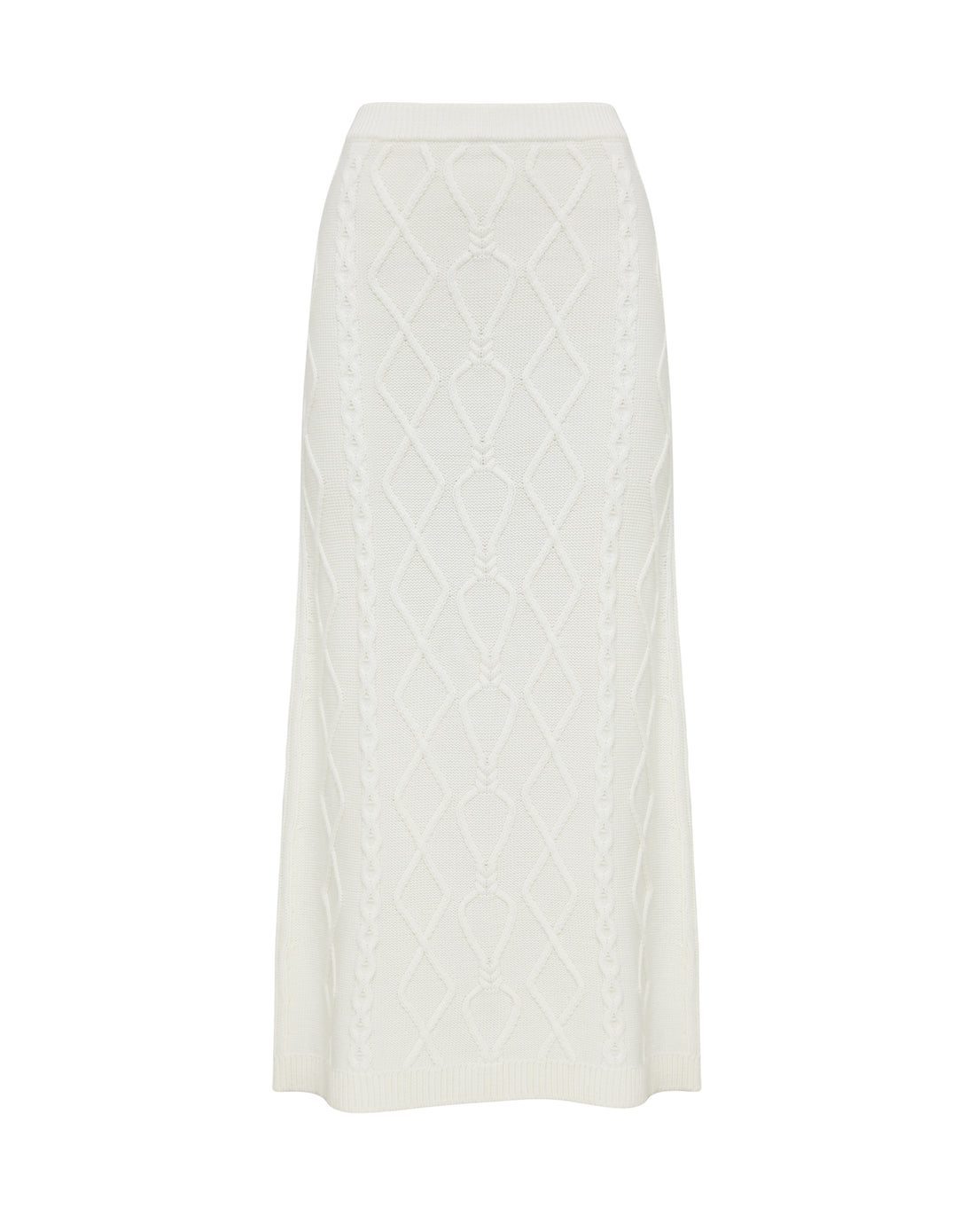 Close-up of Cream Maxi Wool Skirt – delicate cable-knit pattern and elastic waistband