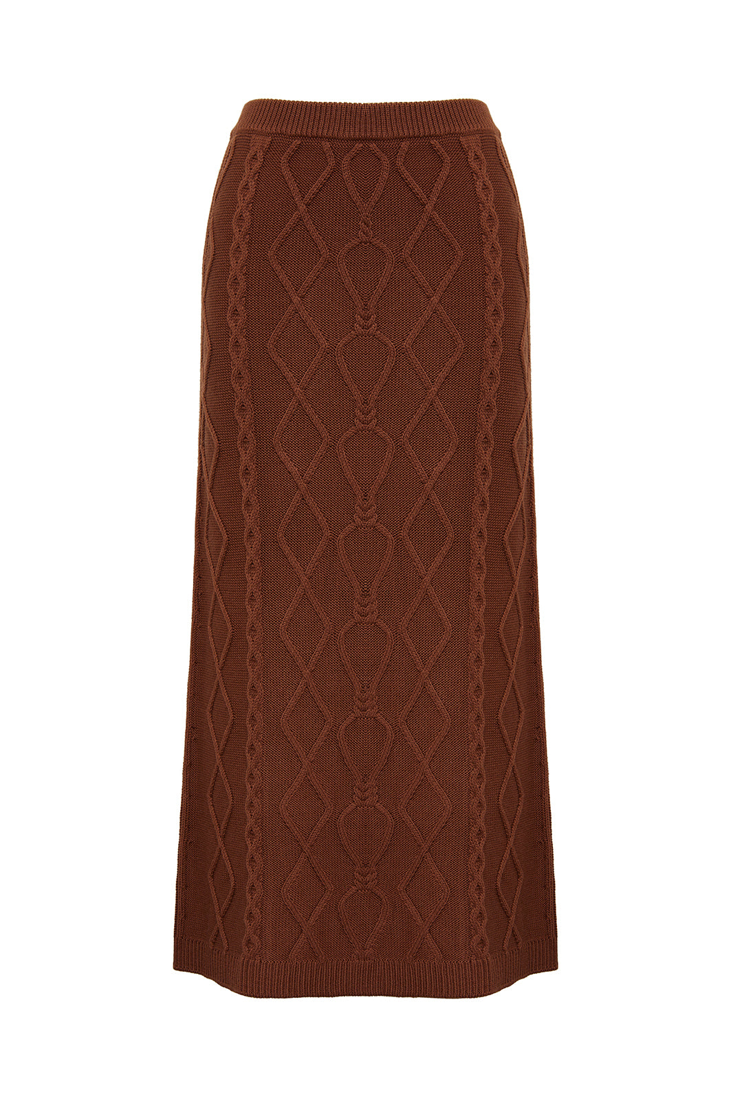 Close-up of Brown Maxi Wool Skirt – diamond cable-knit detailing with elastic waistband