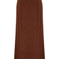 Close-up of Brown Maxi Wool Skirt – diamond cable-knit detailing with elastic waistband