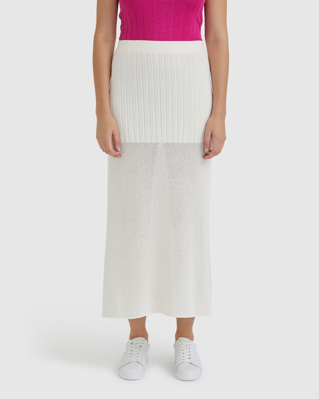Cream Ruby Pointelle maxi skirt with ribbed pointelle stitch and stretchy waistband for comfort.