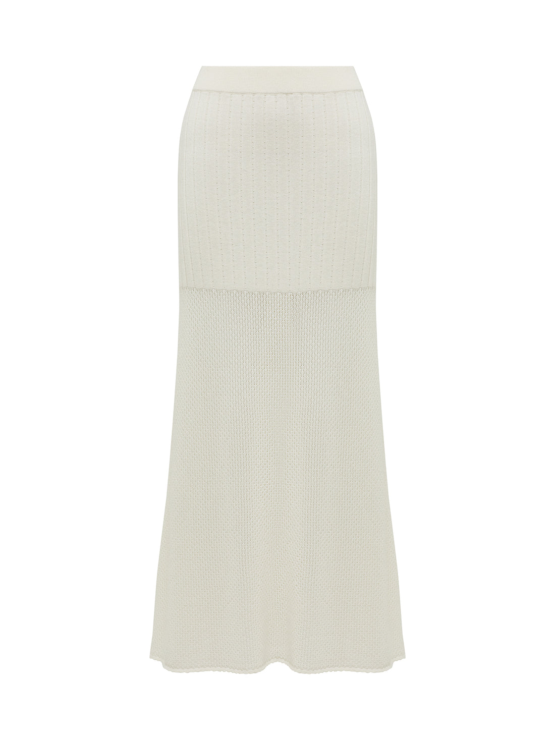Close up of elegant white wool skirt with pointelle details.