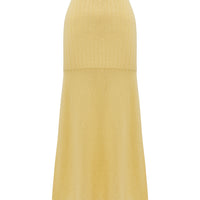 Close up back view of yellow pointelle wool skirt.