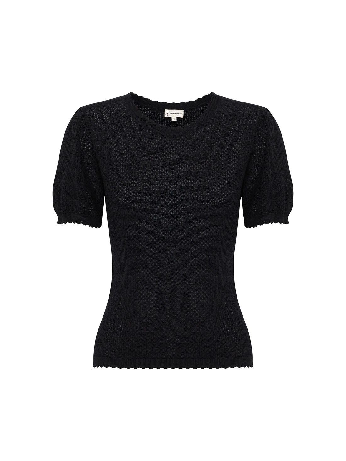 Close-up of black Ruby Pointelle merino wool and cotton top with classic crew neckline.