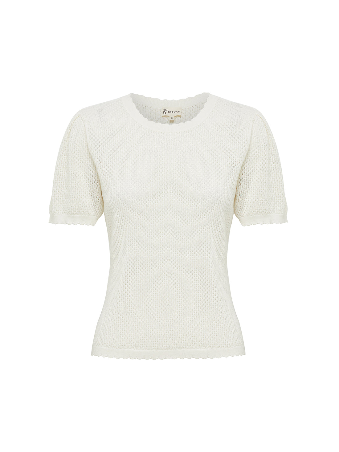 Close-up of cream Ruby Pointelle top, showcasing intricate merino wool and cotton knit.
