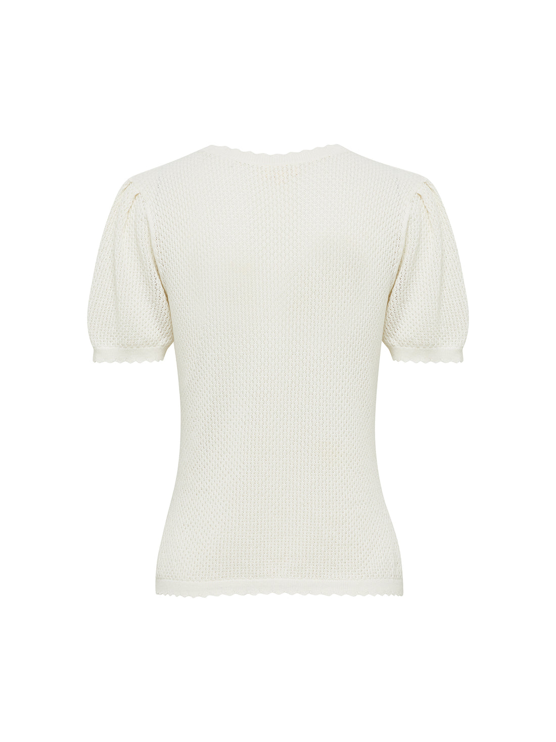 Close-up of back view of cream Ruby Pointelle top, showcasing intricate merino wool and cotton knit.