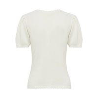 Close-up of back view of cream Ruby Pointelle top, showcasing intricate merino wool and cotton knit.