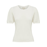 Close-up of cream Ruby Pointelle top, showcasing intricate merino wool and cotton knit.