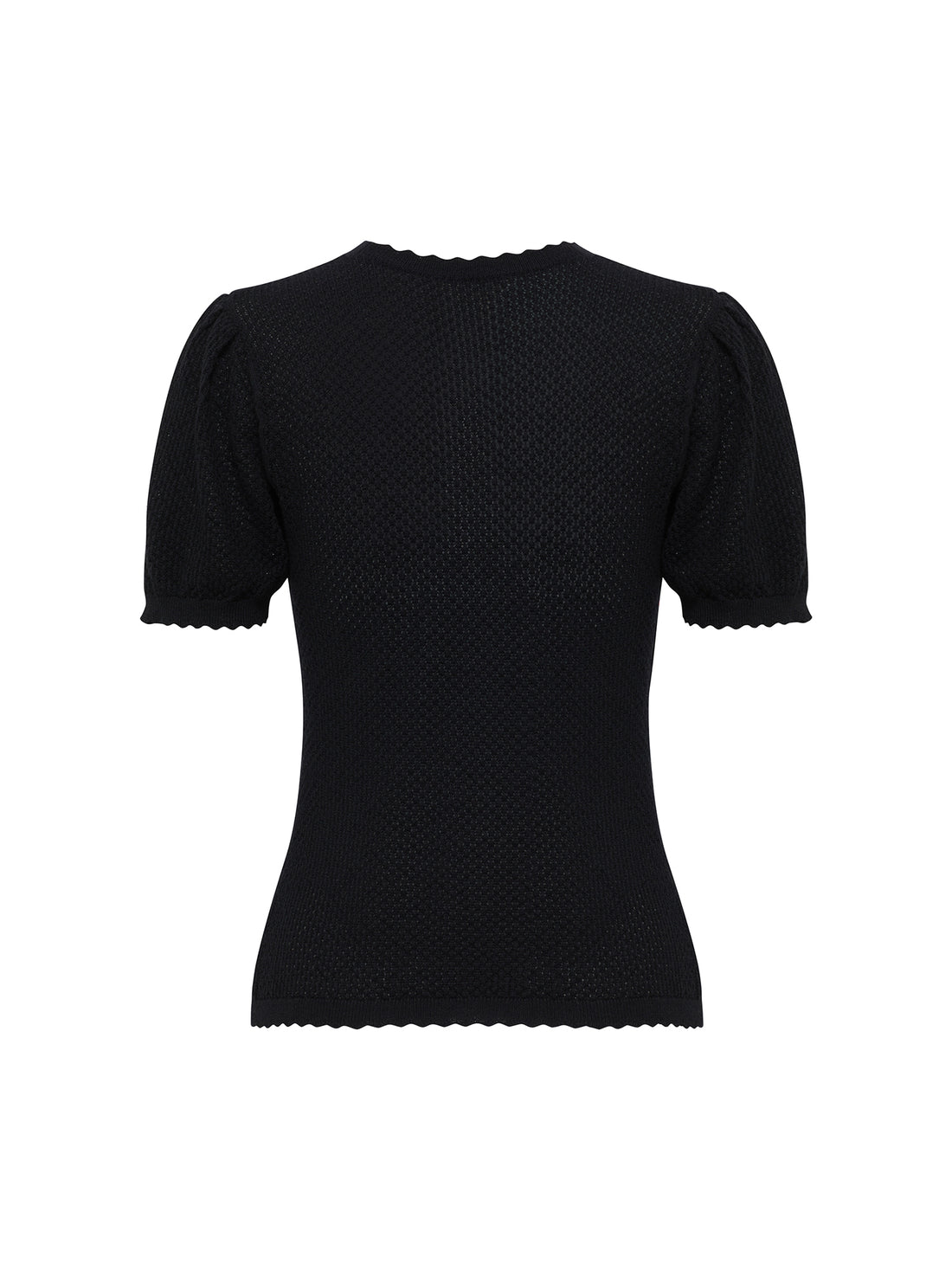 Close-up of back view of the black Ruby Pointelle merino wool and cotton top with classic crew neckline.