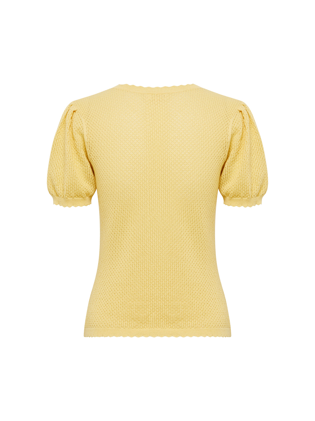 Close up back view of maize Ruby Pointelle top with scalloped trims and intricate detailing.