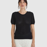 Ruby Pointelle top in black with intricate pointelle details and scalloped trims, crafted in a merino wool and cotton blend.