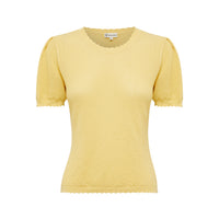 Close-up of maize Ruby Pointelle top with scalloped trims and intricate detailing.