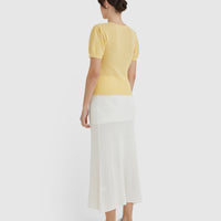 Back view of the feminine gathered sleeves of the wool cotton pointelle top.