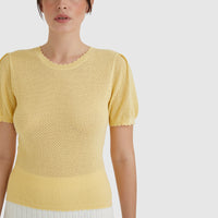 Ruby Pointelle knitted top in maize with crew neckline and pointelle details.