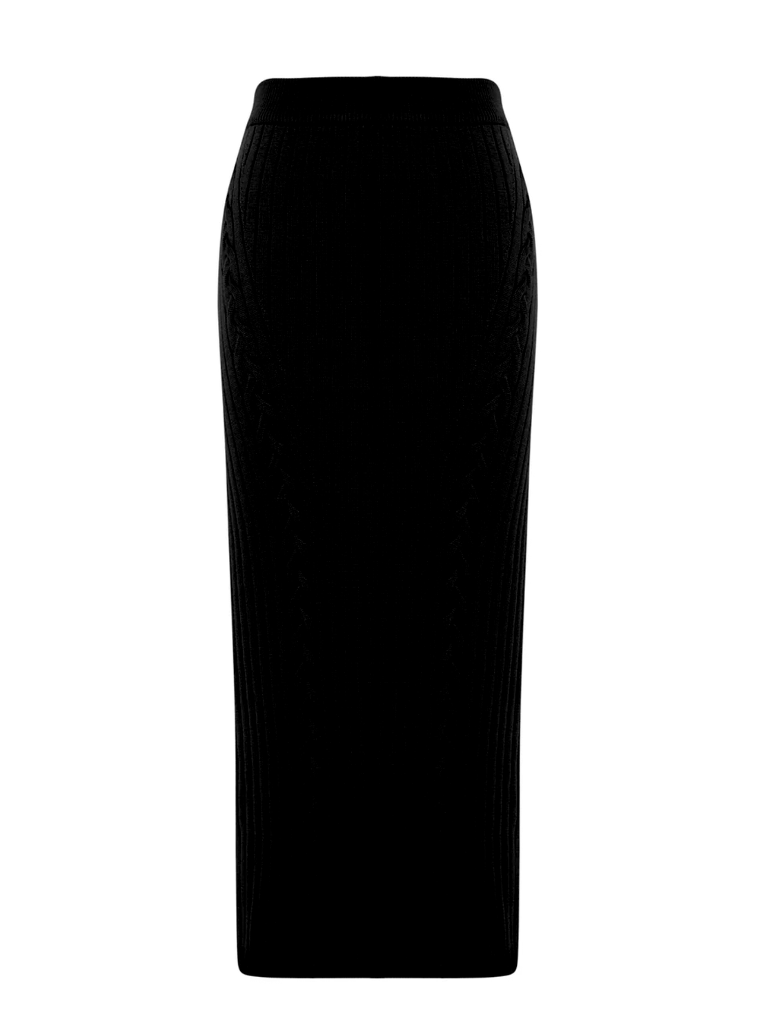 Elegant black merino wool midi skirt for versatile day-to-night style.