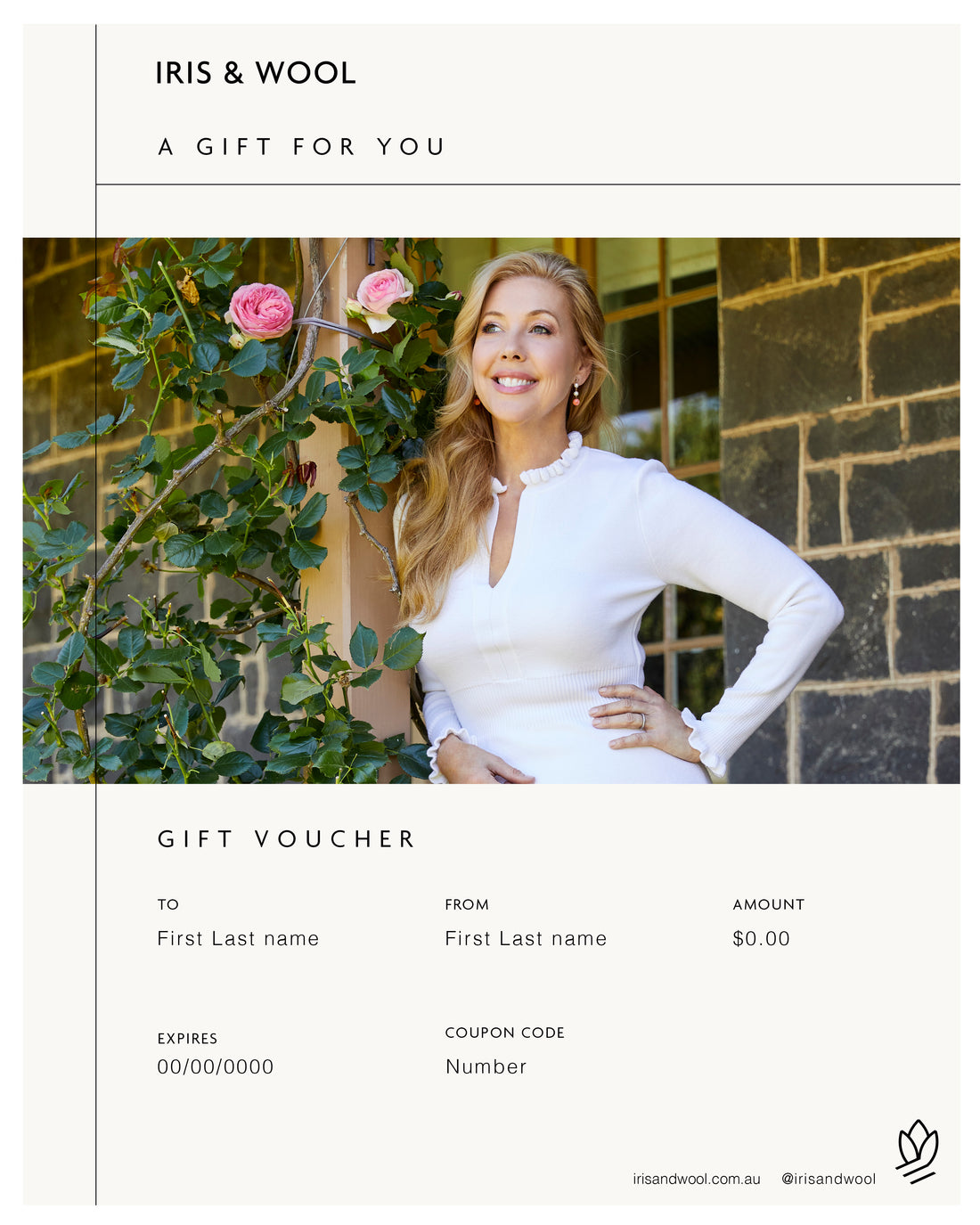 Iris & Wool gift voucher displayed with customizable value and message options.
