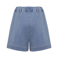 Merino wool denim shorts with relaxed hem and waist-hugging fit.