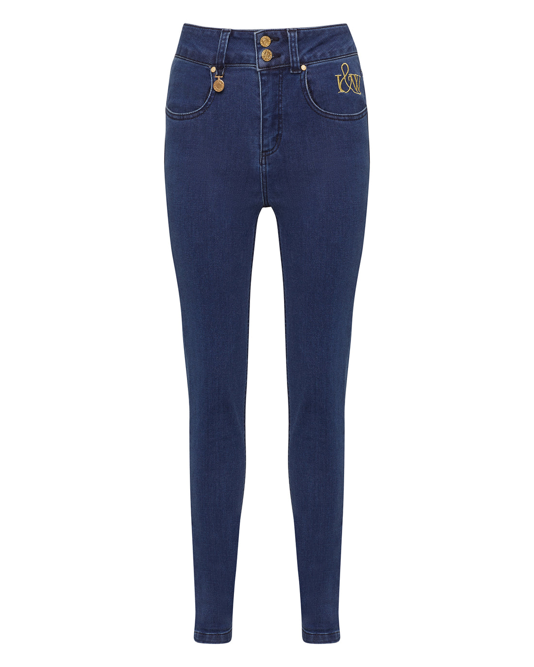 Close-up of Mia merino wool jeans with branded hardware and leather patch.
