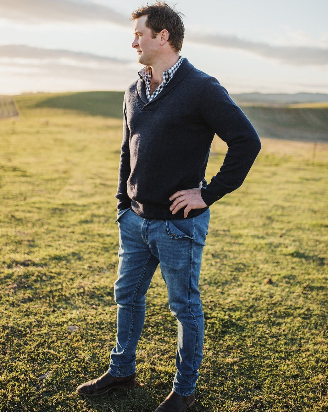 Elephant Ear jeans in durable merino wool blend for men with utility pockets.