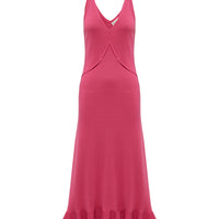 Sophisticated pomegranate merino wool dress featuring a fluted frill hem for an elegant touch.