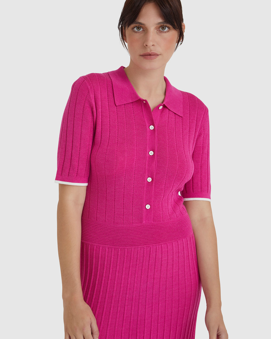 Cerise Cate Polo Dress with classic polo collar and tipped hem.