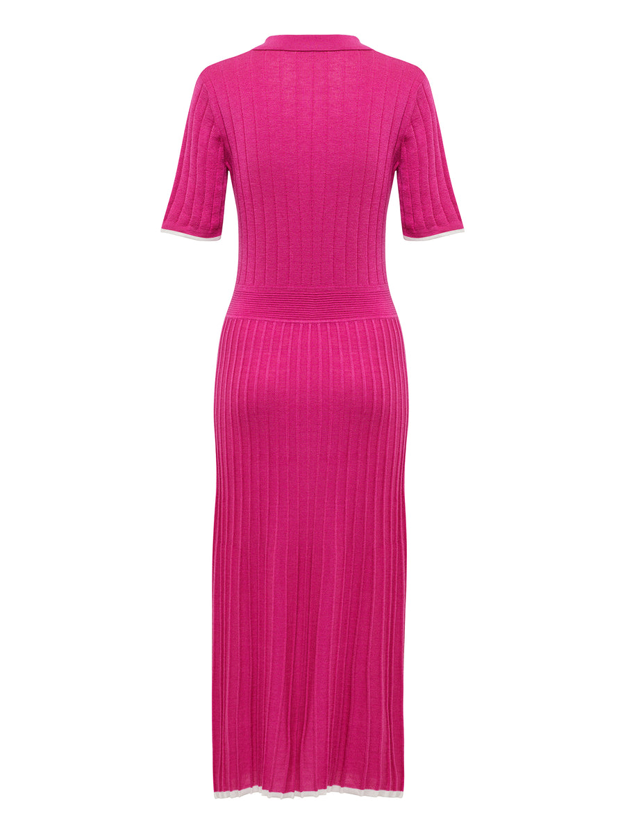 Close up back view of Cerise Cate Polo Dress with classic polo collar and tipped hem.
