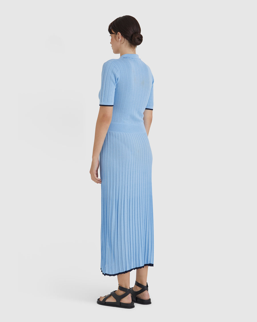 Sporty and elegant wool dress in sky blue, ideal for versatile styling.