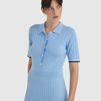 Sky Blue Cate Polo Dress with polo collar and tipped hem in wool.