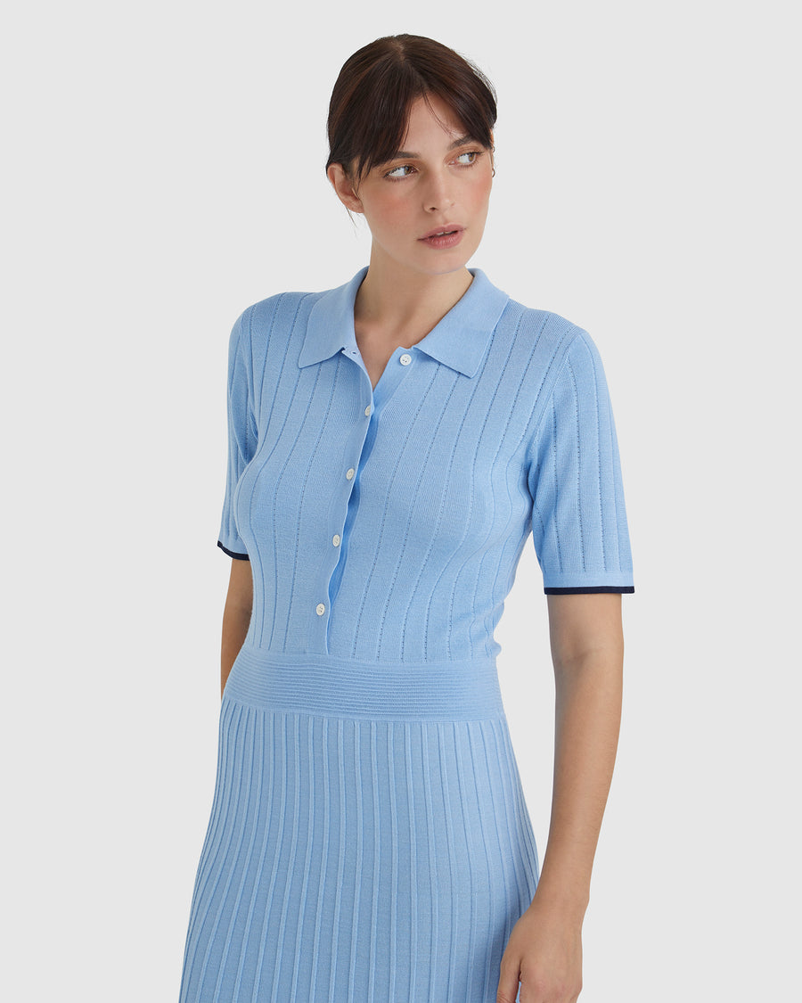 Sky Blue Cate Polo Dress with polo collar and tipped hem in wool.