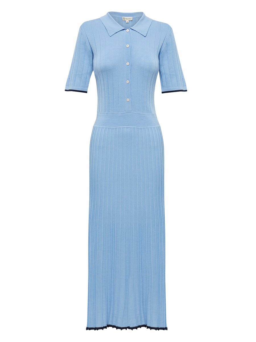 Sky Blue Cate Polo Dress crafted from wool, featuring a classic polo collar and a tipped hem.