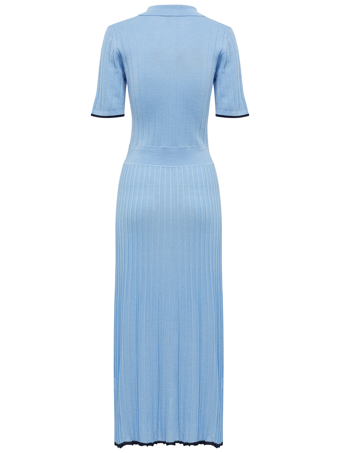 Back view Sky Blue Cate Polo Dress crafted from wool, featuring a classic polo collar and a tipped hem.