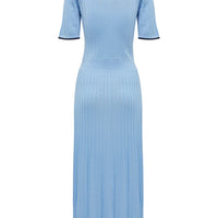 Back view Sky Blue Cate Polo Dress crafted from wool, featuring a classic polo collar and a tipped hem.