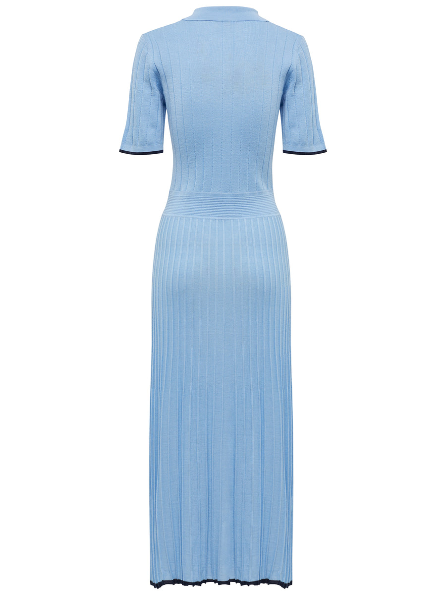 Back view Sky Blue Cate Polo Dress crafted from wool, featuring a classic polo collar and a tipped hem.