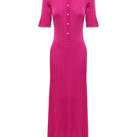 Close up of cerise Cate Polo Dress with classic polo collar and tipped hem.
