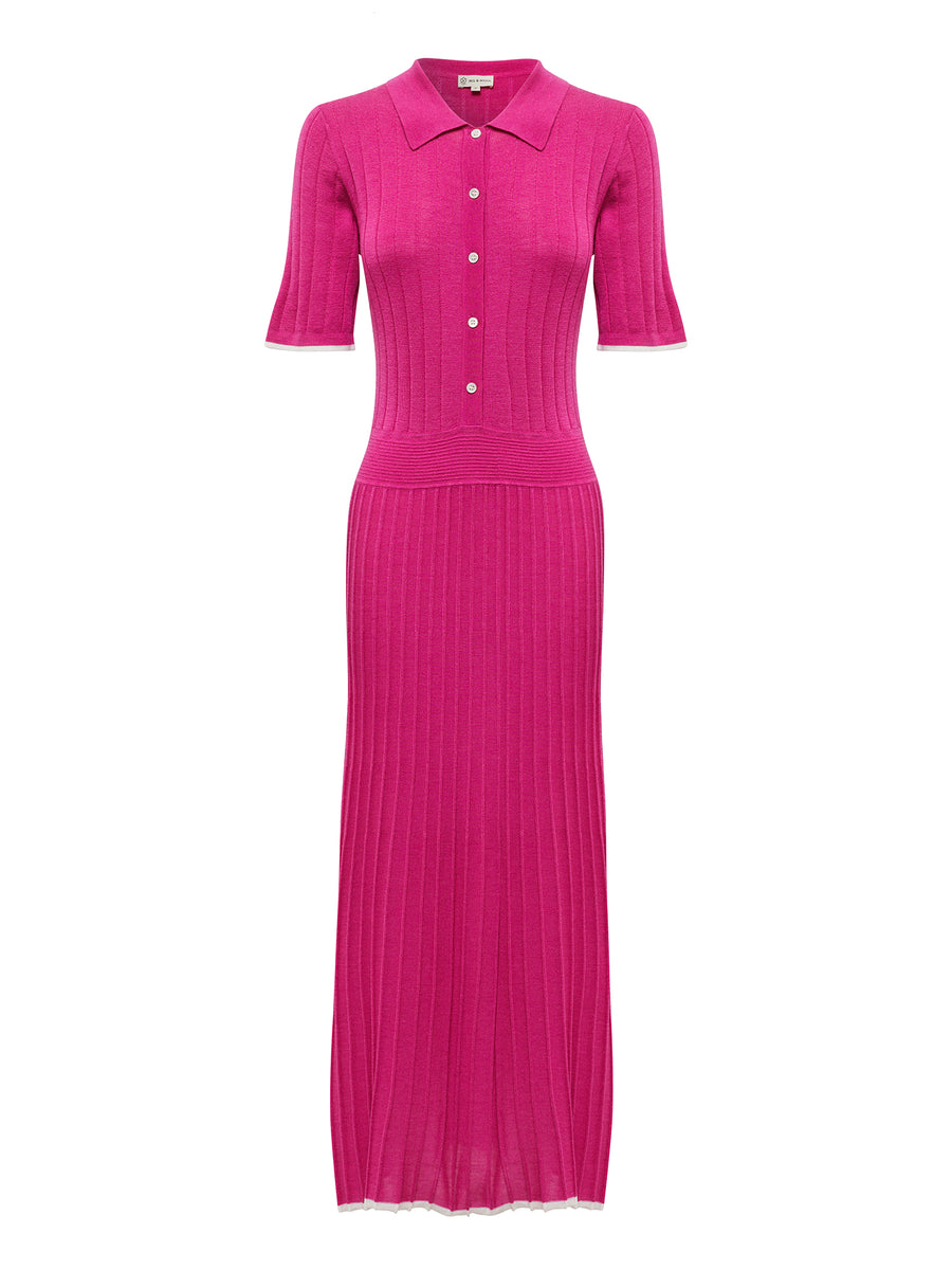 Close up of cerise Cate Polo Dress with classic polo collar and tipped hem.
