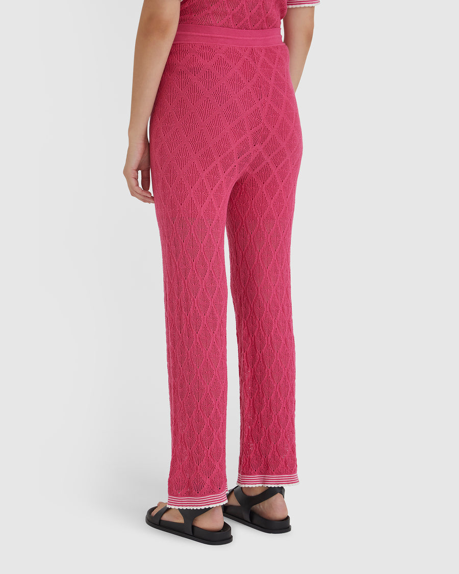 Elegant pink lace pants with jersey waistband and drawstring, ideal for summer.