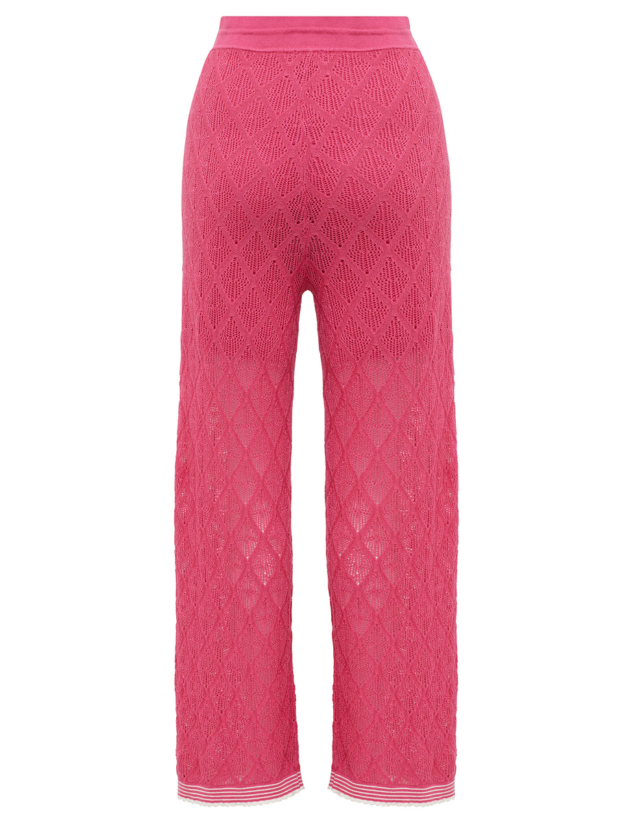 Back view of pink wool pants perfect for summer.