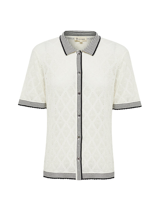 Close-up of intricate lace detail on Chiara lace top in white.