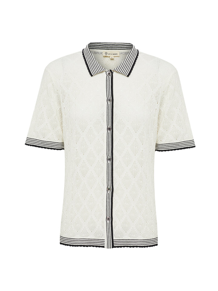 Close-up of intricate lace detail on Chiara lace top in white.